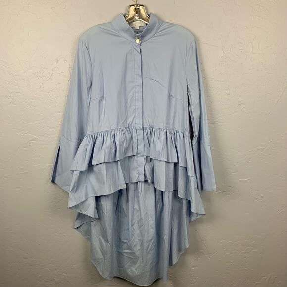 Caroline Constas Blouse Shirt Blue Tatiana Asymmetric Ruffled Cotton Size Large - Picture 3 of 13